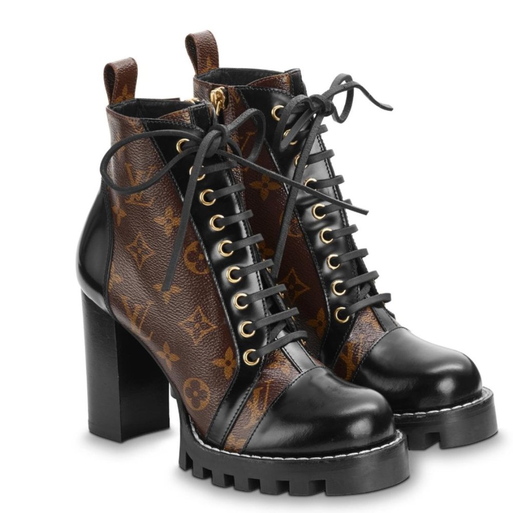 Louis Vuitton Monogram Leather Lace-Up Ankle Boots in Brown and Black